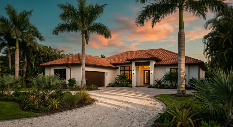 Modern Florida coastal home at golden hour with palm trees